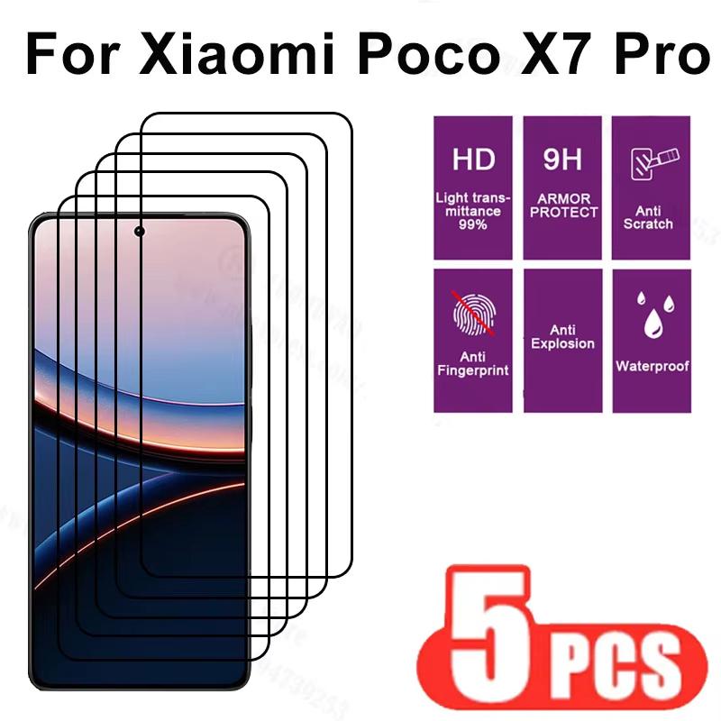 

5pcs 9H Tempered Glass For XiaoMi POCO X7 Pro Full Coverage Screen Protector For Poco X7Pro 5G X7 PRO Glass Protection Poco X7 Pro чорний