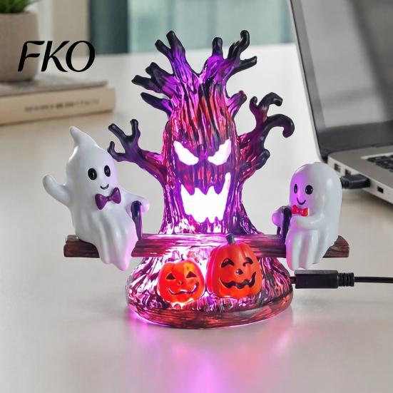 Creative Gothic Style Night Lamp Animated Seesaw Ghost Light, USB Powered 3D Cute LED Small Light for Hallway with Spooky Tree And Pumpkin Design,
