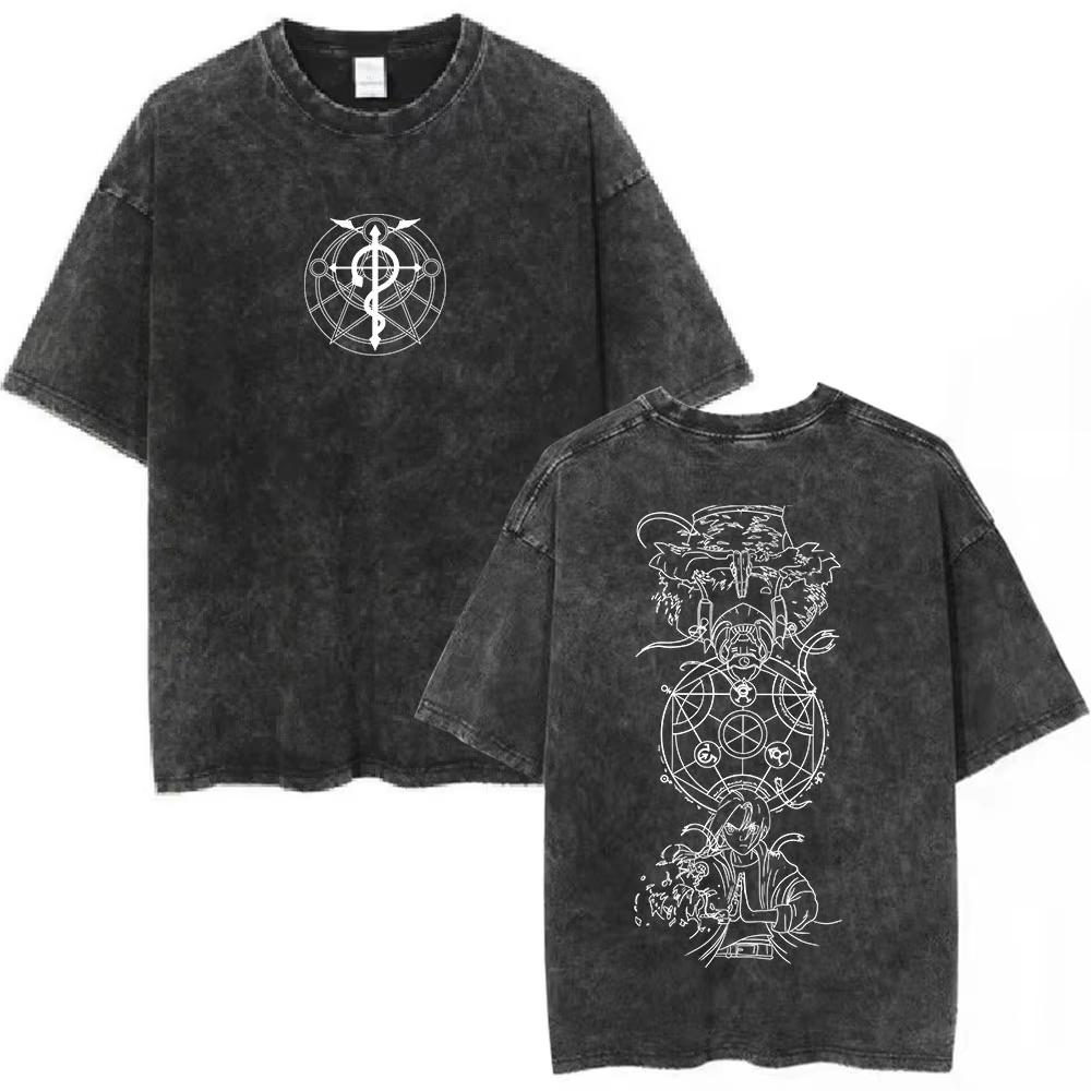 Anime Fullmetal Alchemist Graphic T‑Shirt Men Women Casual Oversized Vintage Washed Cotton Short Sleeve Streetwear Tee Tops
