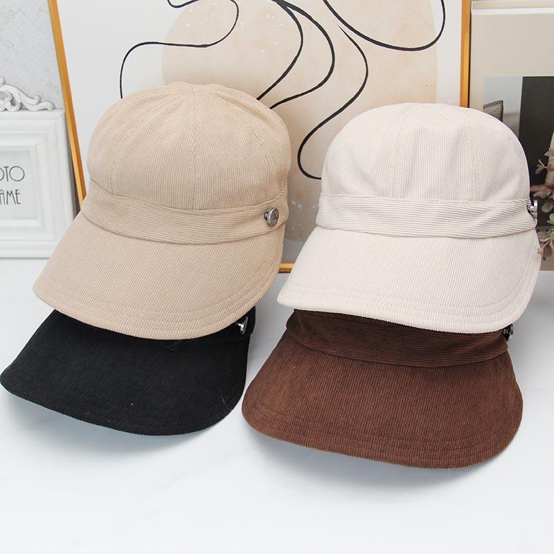 Simple solid color corduroy duck tongue basin hat women's metal buckle wide brimmed hat autumn and winter versatile commuter hat
