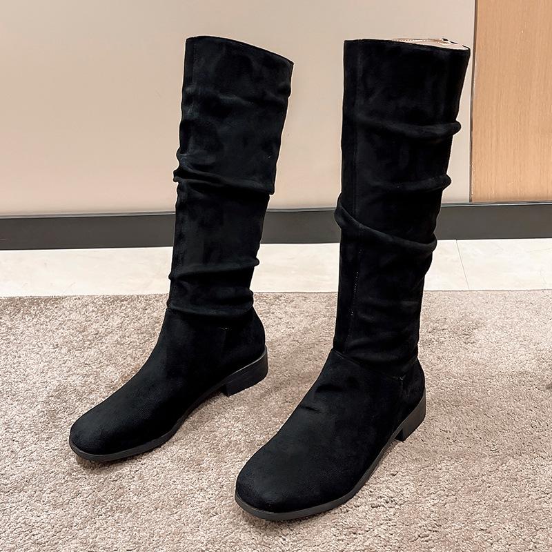 Women Knee High Boots Solid Color Suede Lady Flats Winter Warm Comfortable Female Shoes Point Toe Sexy Zipper Low Heel Tall Boot