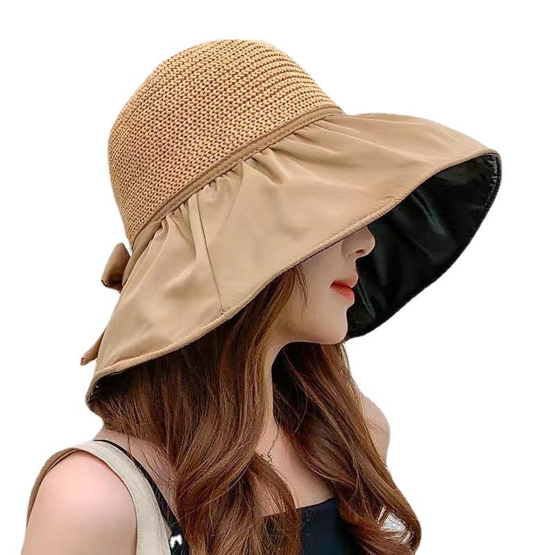 Large Brim Fisherman Hat with Bow Knitted Top Hollow Breathable Sun Hat Vinyl Sun Protection UV Hat