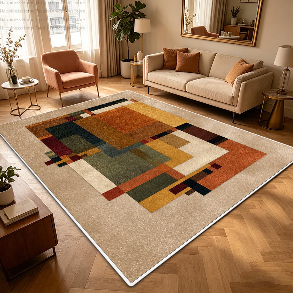 Nordic Retro Warm Colored Living Room Carpet Machine Washable Non-slip Decoration Bedroom Rug Short Velvet Study Geometric Mat