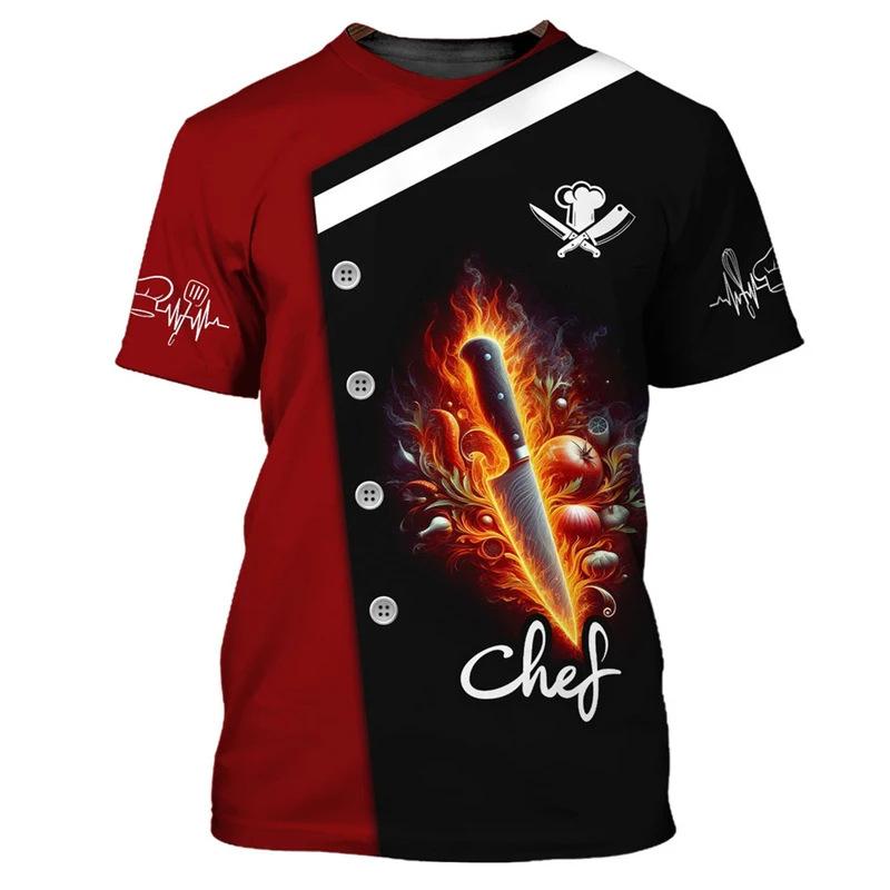 Chef Workwear 3D Printed Cooking Graphic T Shirts Chef Uniform Short Sleeved Harajuku Chef Fashionable Round Neck Top for Men