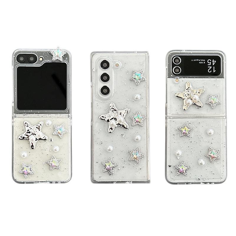 For Samsung Zflip6 Clamshell Folding Screen Zfold5 Transparent Female New Hard Shell Glitter Pearl Five-pointed Star
