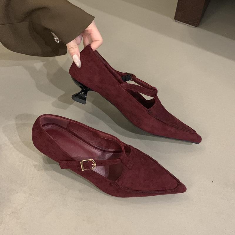 Fashion SUOJIALUN New Brand Women Pumps Shoes Fashion Pointed Toe Ladies Elegant Mary Jane Shoes Thin Med Heel Outdoor Dress Boat Shoes