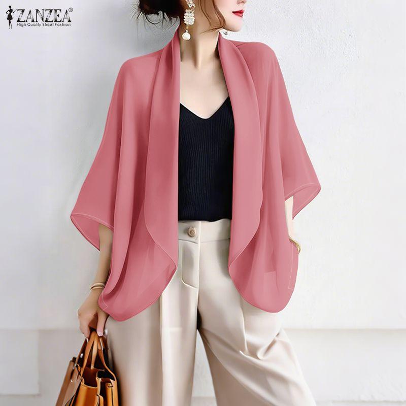ZANZEA Women Turn Down Collar Loose Casual 3/4 Sleeve Cardigan Cover Ups