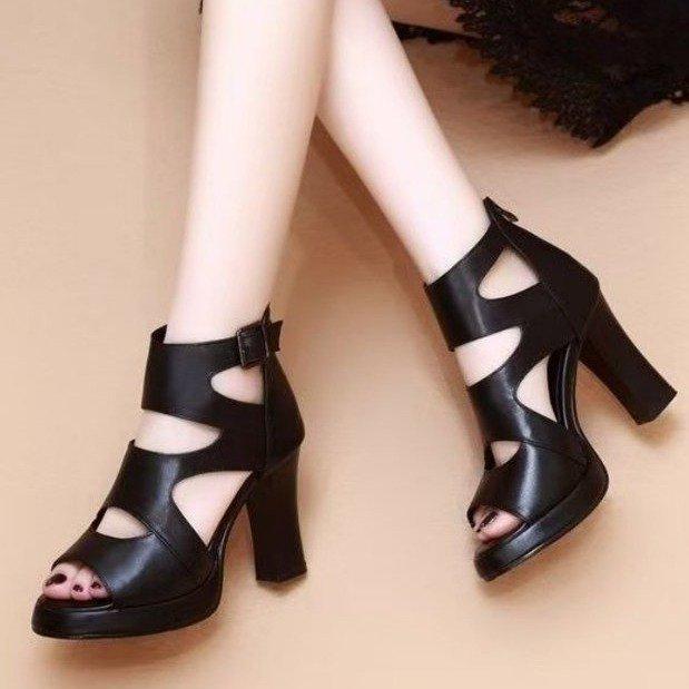 High-heeled sandals hollow fish mouth Rome 2025 new sandals summer waterproof women's versatile with thick-heeled women's sandals
