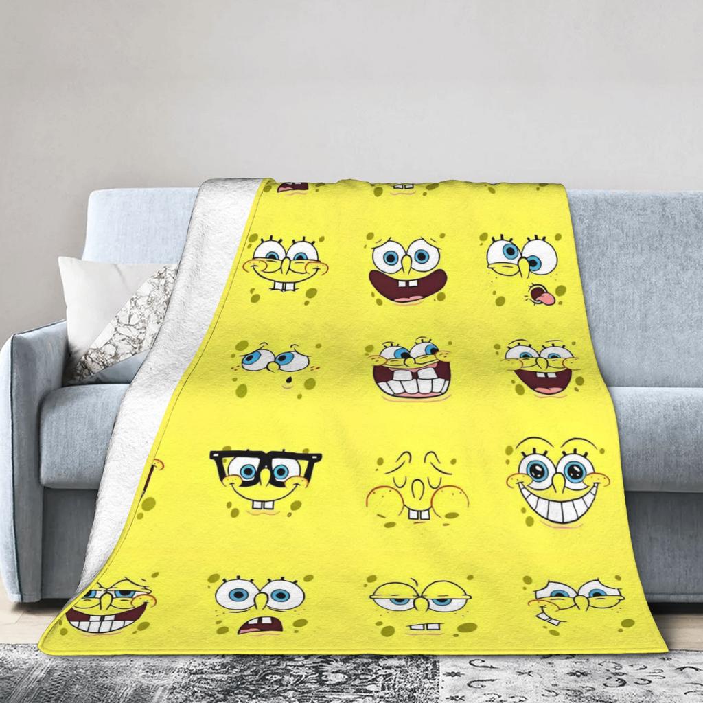 Funny SpongeBob Facial Expressions Blanket Flannel Awesome Breathable Throw Blanket for Bedding Lounge Summer