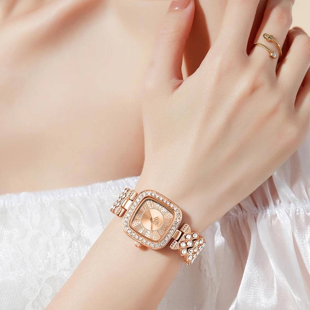 Voll Diamant Quarz Uhr für Damen Mode Quadratisches Zifferblatt mit römischen Ziffern Luxuriös Elegante Damen Kleider Armbanduhr