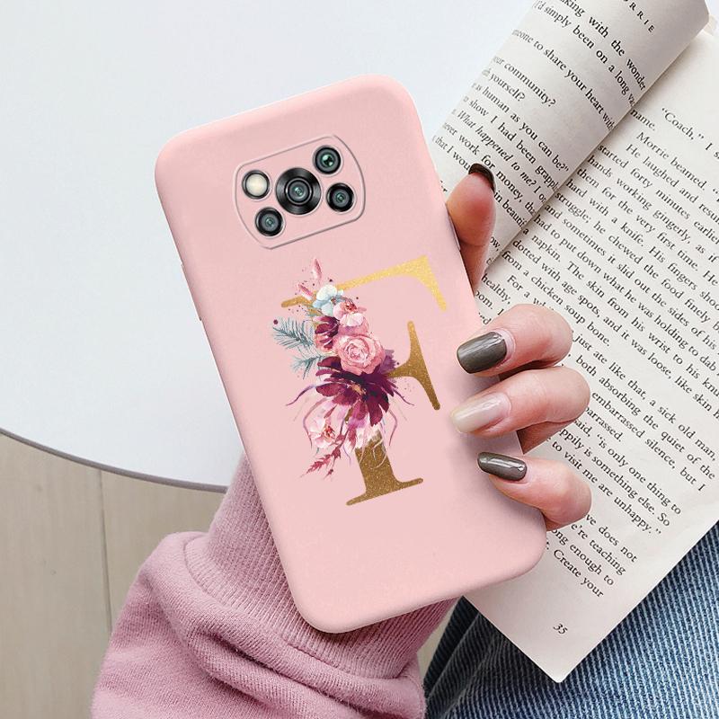 Letter Case For Poco X3 NFC PocoX3 Pro Back Cover Retro Flowers Pink Black Soft TPU Initial Fundas For Xiaomi Poco X 3 Pro Coque