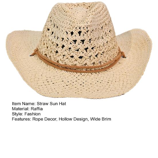 Sun Hat Natural Raffia Hand-Woven Lightweight Breathable Wide Brim Straw Hat Hollow Design Rope Decor Western Cowboy