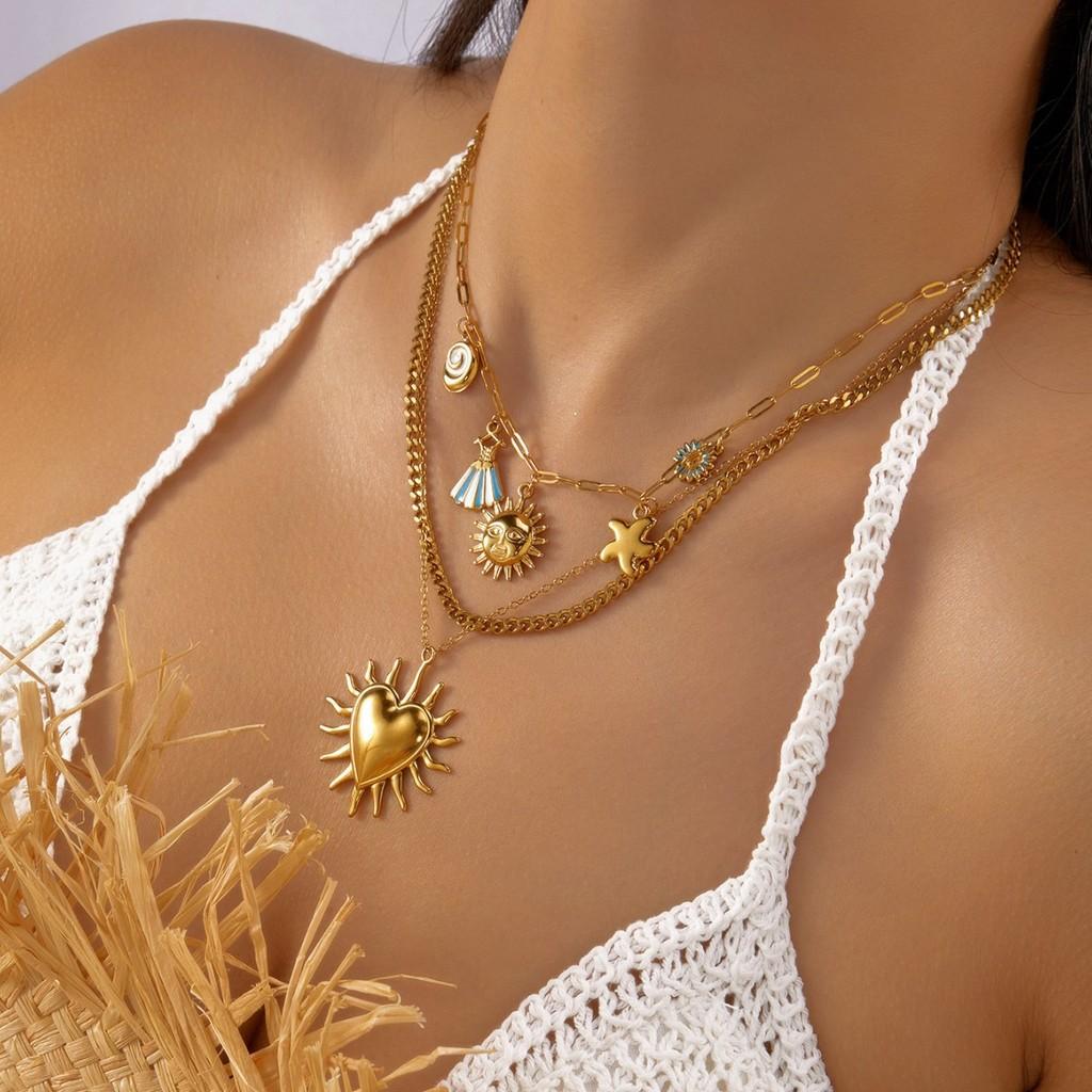 Beach Style Double Layer Stainless Steel Necklace With Starfish Shell And Heart Pendant For Women And Men