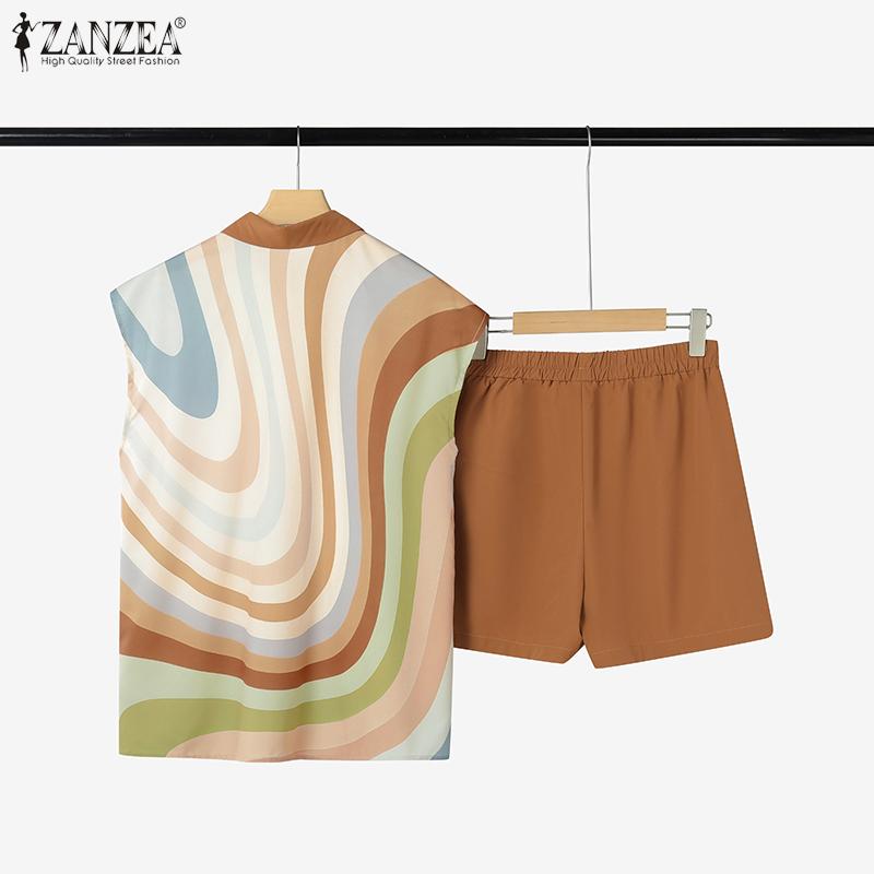 ZANZEA Women Print Shirt and Shorts Summer Two Piece Suit Sets