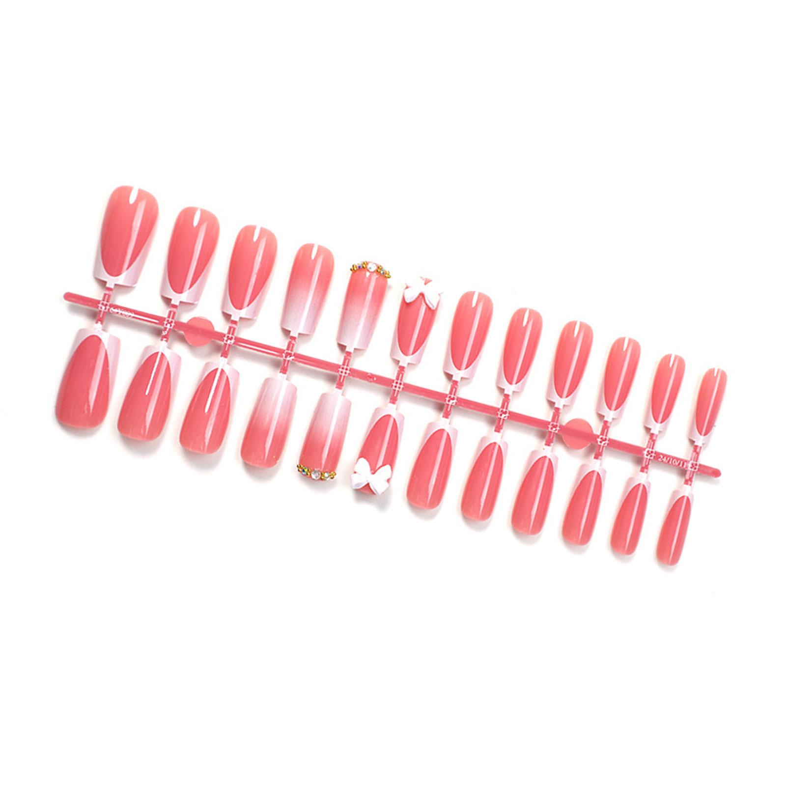 

24 шт. Длинные квадратные накладные ногти с белым французским кончиком, акриловые наклейки для быстрого маникюра, глянцевые 3D бантики