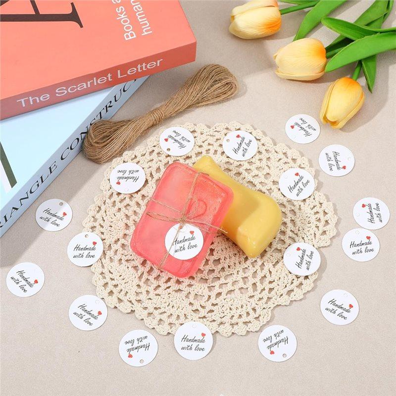 CYCLI-Handmade With Love 200Pcs White Paper Gift Labels, For Home Crafts, Candles Tins, Weddings With 1.2" Round Tags& Twine Str