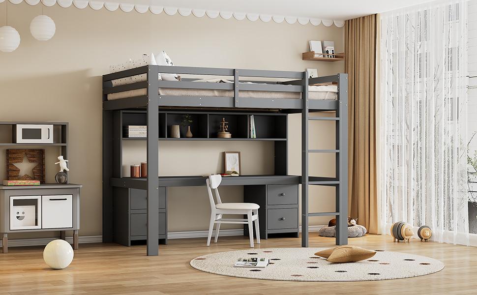 90*200Cm loft bed, children's beds, bed on top, table below, large storage space, high railing, stable stairs, grey