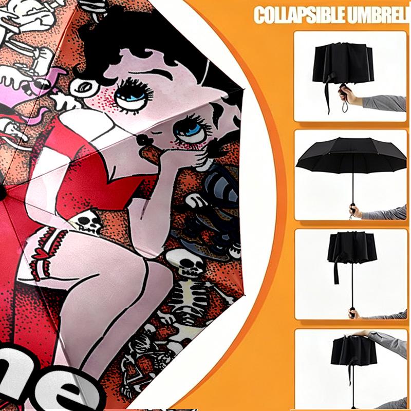 Custom Name Personalized Betty Boop Print Umbrella, Auto Open Close, 8‑Rib Sturdy Frame, Commute Camping Hiking Use, Birthday Gift