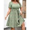 Damen Modisches Und Trendiges Rundhals Kurzarm Kleid Mit Taillenprint In Übergröße