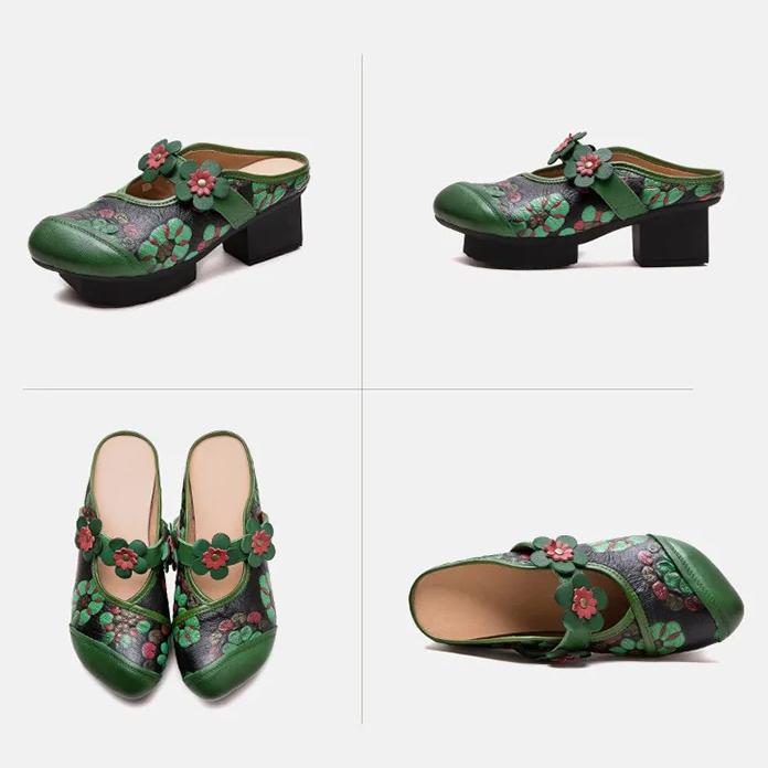 Johnature Ethnic Style Thick Heel Round Toe Outdoor Slippers Retro Printed Genuine Leather Women's Shoes