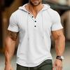 Camiseta Masculina de Verão com Textura Waffle, Manga Curta, Ajuste Slim, com Capuz e Cordão, Estilo Rugby