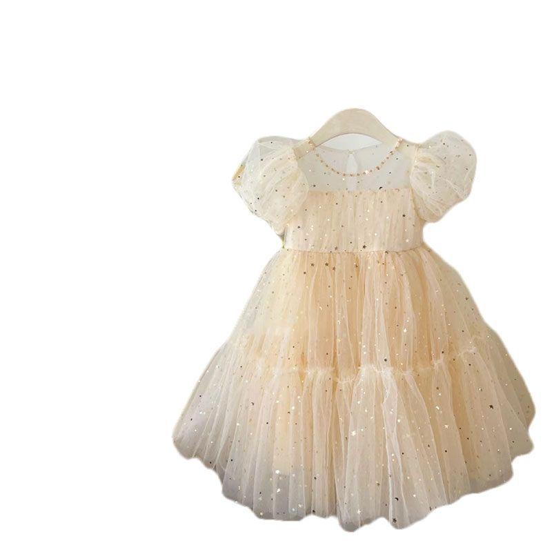 2023 Korean Princess Puff Sleeve Glitter Mesh Dress for Girls