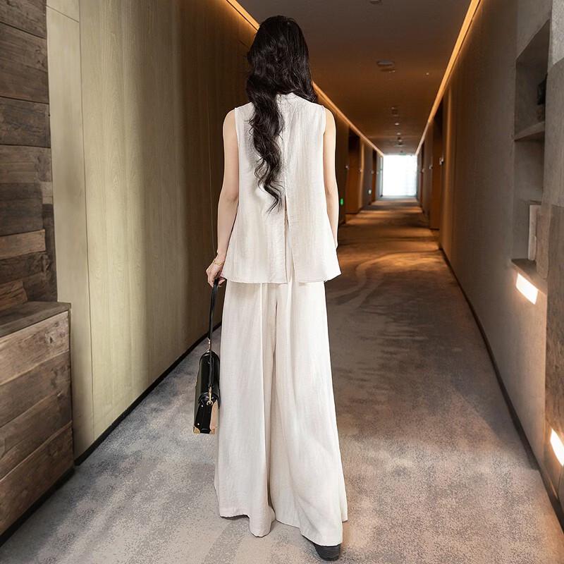 Women's Linen Blend Two-Piece Set with Loose Top & Wide-Leg Pants