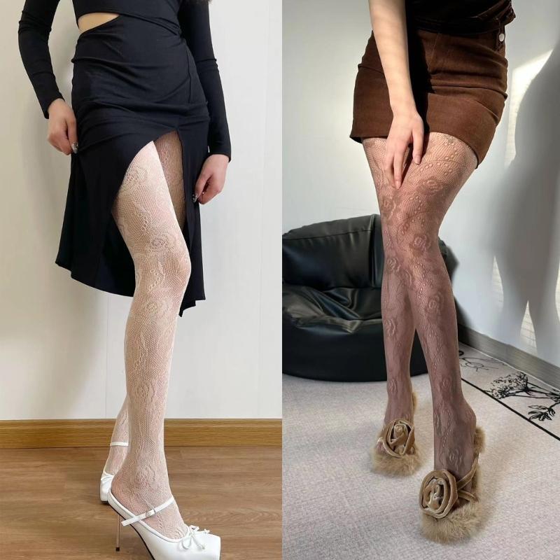 Women Chinese Style Sexy Hollowed Sheer Fishnet Pantyhose Rose Flower Jacquard Patterned Vintage Leggings Mesh Tights