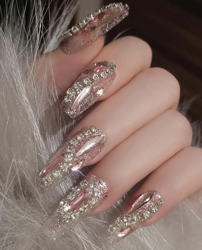 Y2K Glamorous Press-On Nails, Pink Gold Crystal Decoration, Long Coffin Shape, with Rhinestones, Nail File and Gel Adhesive Set