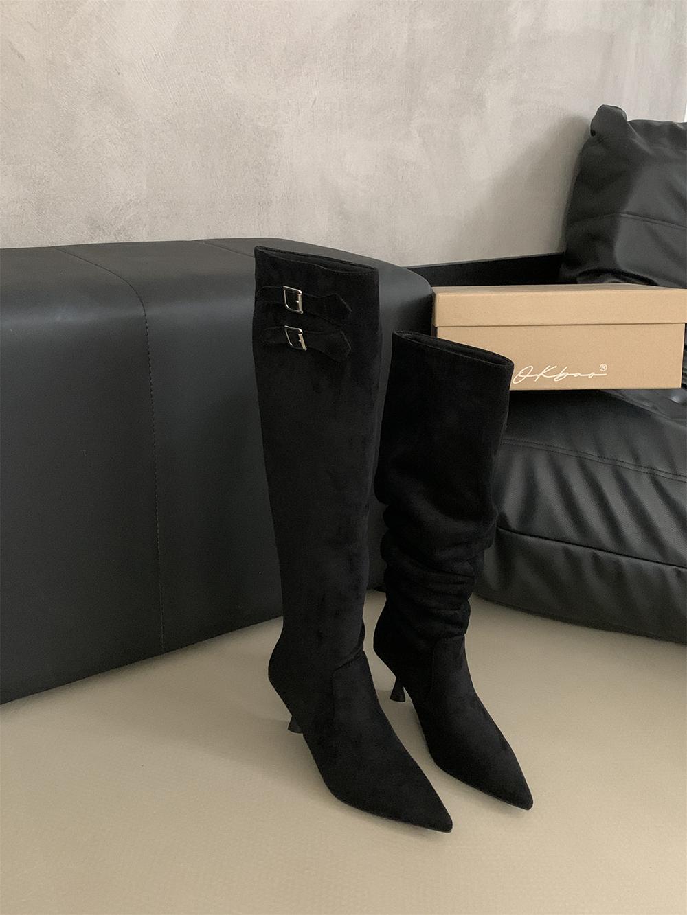 

fashion Pointed Toe Women Chelsea Boots Knee High Booties Flock Suede Winter Party Pumps Boots Thin High Heels Fashion Dress Shoes Woman 245 чорний