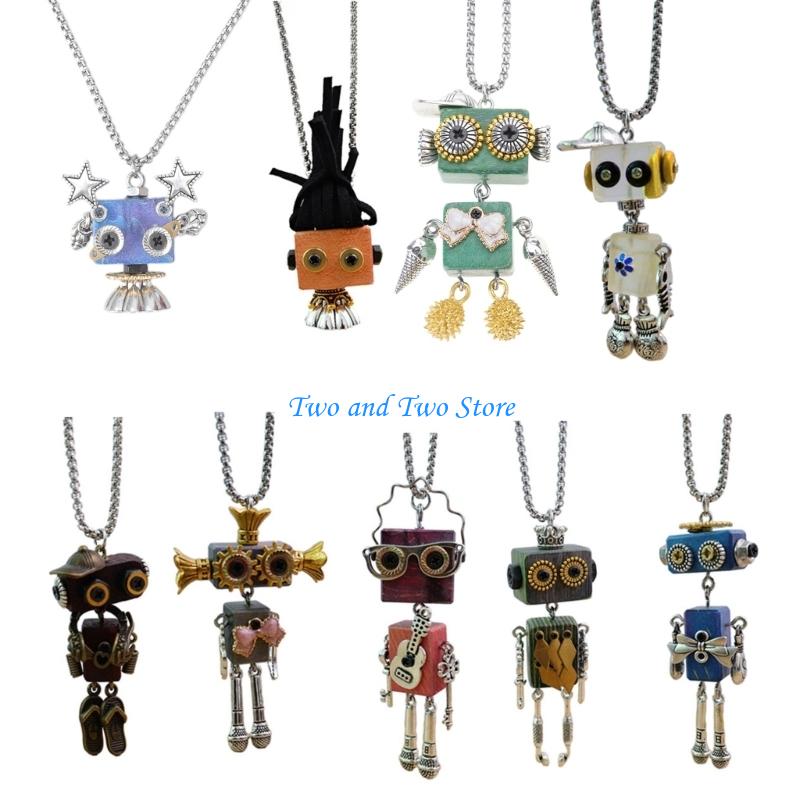 HX6F Wooden Robot Pendant Necklace Stylish Collarbone Chain DIY Block Neckchain Jewelry Eye Catching Accessories