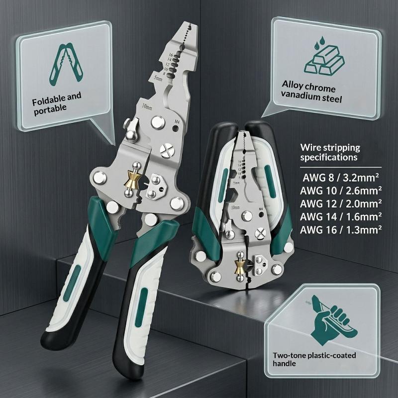 Heavy Duty Multifunctional Wire Stripper Foldable Portable Pliers Crimping Tool for Security Camera Wiring Installation