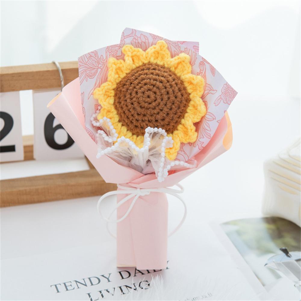 Knitted Flower Rose Sunflower Bouquet Fake Flowers Finished Hand Crochet Woven Wedding Party Valentine's Day Gift Home Decor
