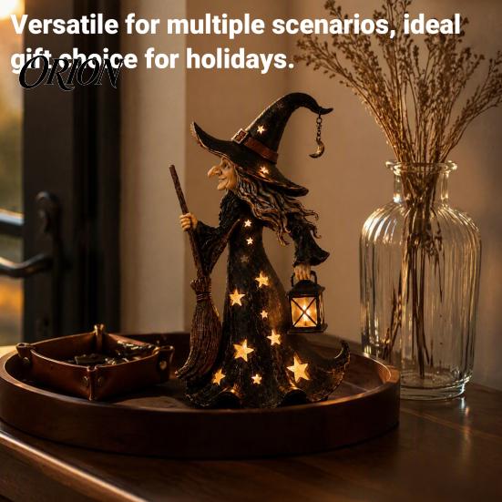 Halloween Party Props Witch Lamp, Light Up Figurine with Broom And Lantern, Gothic Resin Table Decor Spooky Night for Tabletop Indoor Home Mysterious