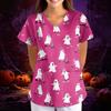 Women's Halloween Print Loose Fit V Neck Short Sleeve Scrub Top with Pockets Medical Uniform Workwear for Healthcare Professionals