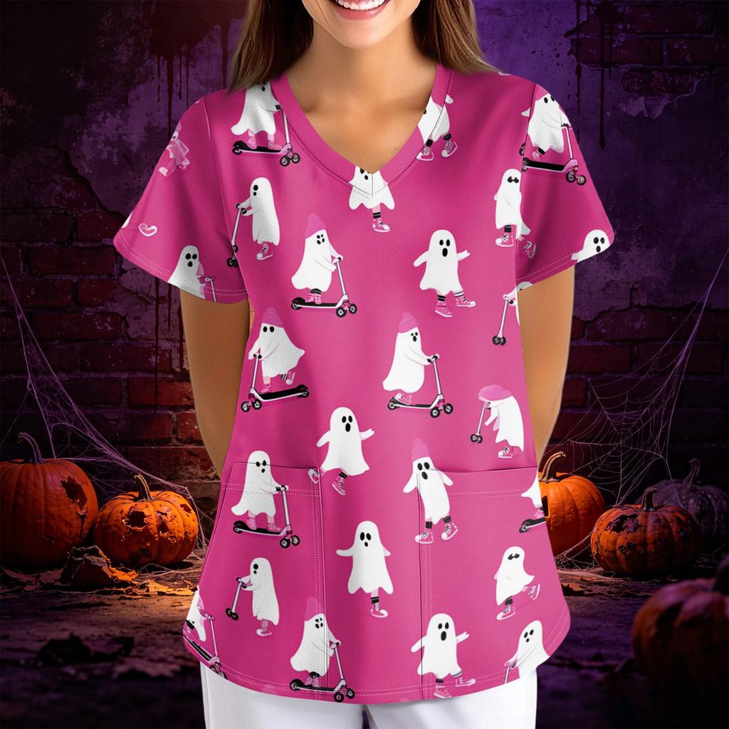 Women's Halloween Print Loose Fit V Neck Short Sleeve Scrub Top with Pockets Medical Uniform Workwear for Healthcare Professionals