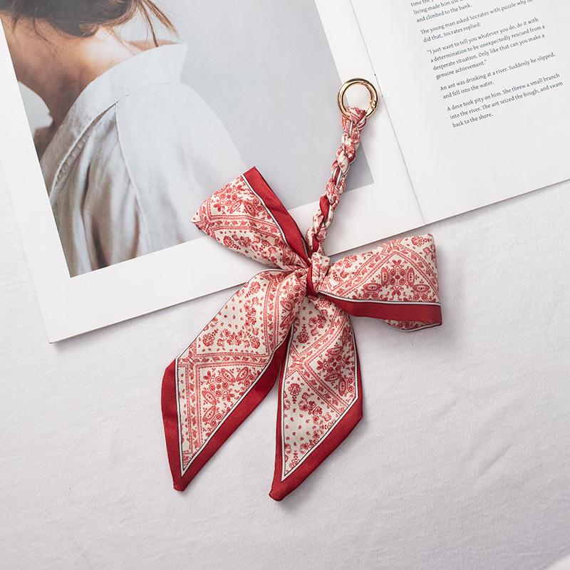 Silk Scarf Keychain with Horseshoe Buckle and Ribbon Bow for Bags and Cars