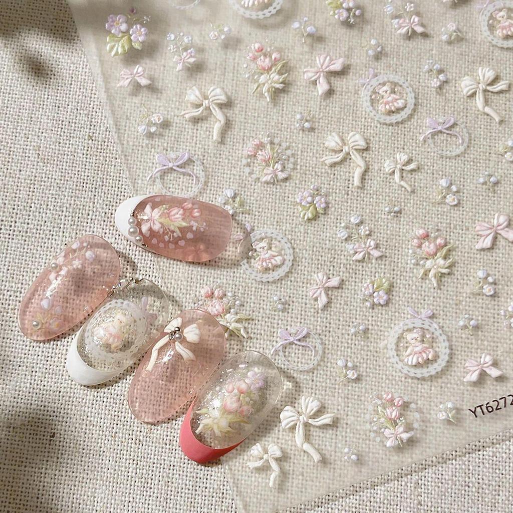 3D Embossed Tulip & Bow Manicure Stickers - Sweet French Style