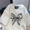 European Style Chic Bow Print Short Sleeve Slimming T-shirt for Women - Summer Trendy Spicy Girl Look, 200g, Petite Fit