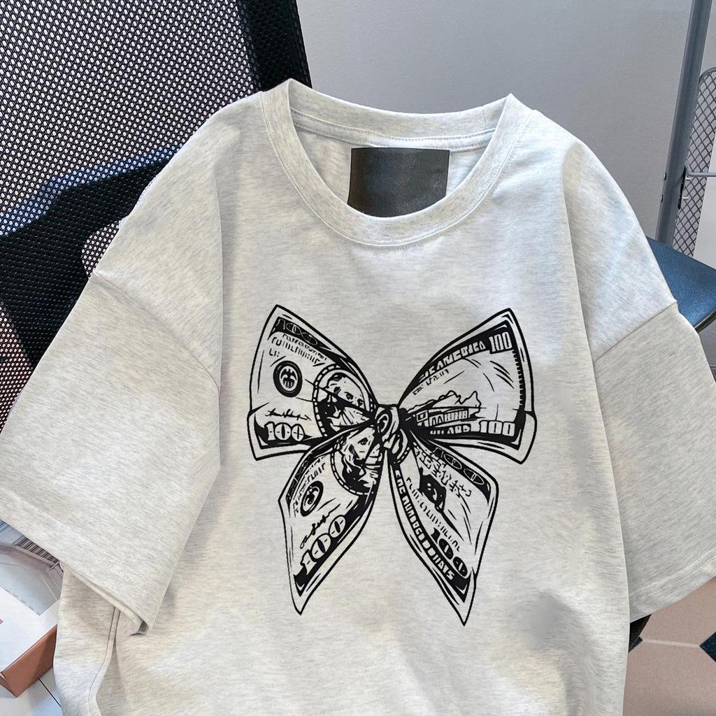 European Style Chic Bow Print Short Sleeve Slimming T-shirt for Women - Summer Trendy Spicy Girl Look, 200g, Petite Fit