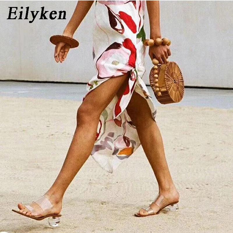 Eilyken Crystal Ball Low Heel PVC Transparent Clear Women Slippers Summer Peep Toe Sandals Design Slides Shoes
