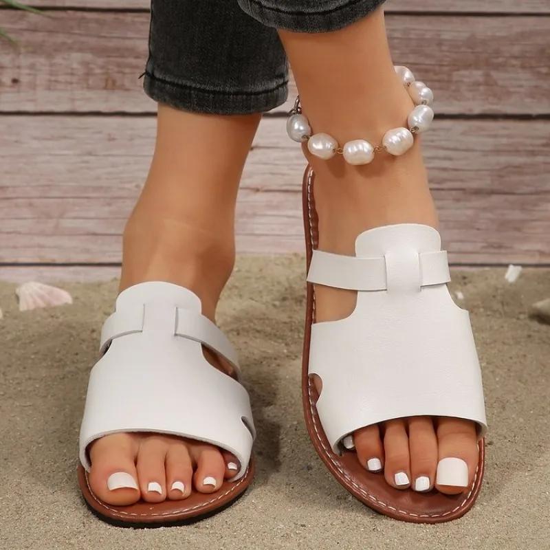 Summer Solid Color Flat Sandals Popula 2024 Open Toe Outdoor Slippers Beach Women's Shoes Plus Size Zapatos De Mujer Slides