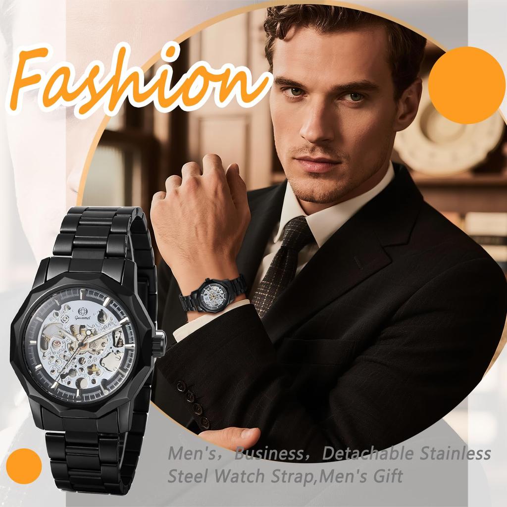 Automatic Mechanical Skeleton Luminous Analog Antique Stainless Steel Suitable for Black Perfect Gift for Day Men's Watch Display, Style, Waterproof,