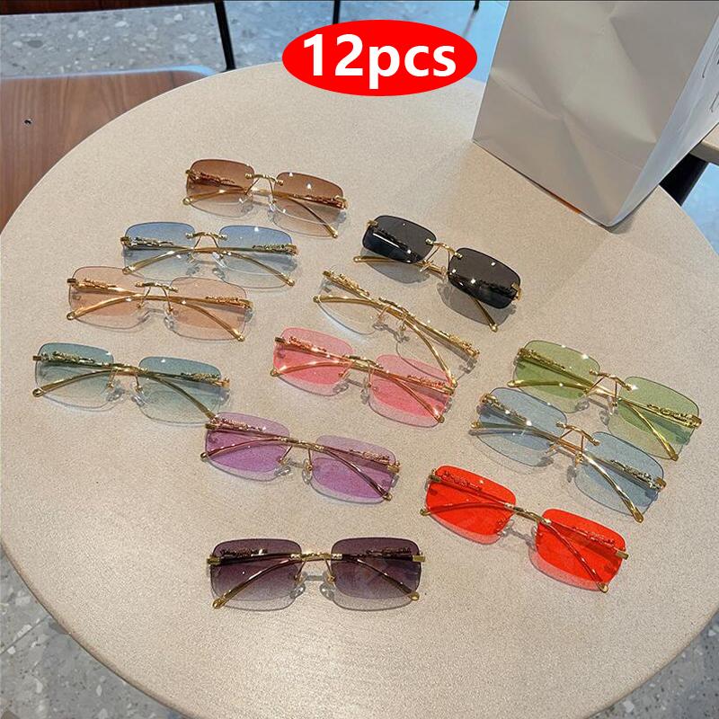 Protective Glasses 12pcs Brand Leopard Rimless Rectangle Sunglasses Fashion Y2K Frameless Sun Glasses Shades for Women Men UV400