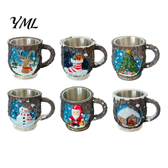 Christmas Mug Decorations Theme with Stainless Steel Liner, 3D Relief Hand Seasonal Housewarming Gifts Painted Resin Coffee Cup, Decorative Drinkware