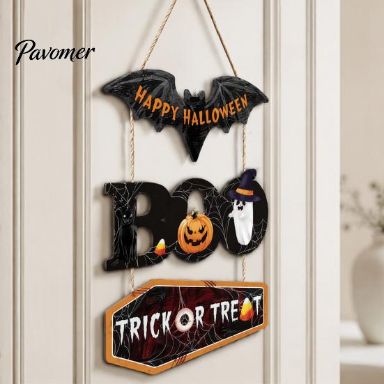 Seasonal Wall Hanging Plaque Happy Halloween Wooden Sign, Cute Bat Ghost Pumpkin Boo Door Hanger, Trick Indoor Holiday Hanger or Treat Sign for Party,