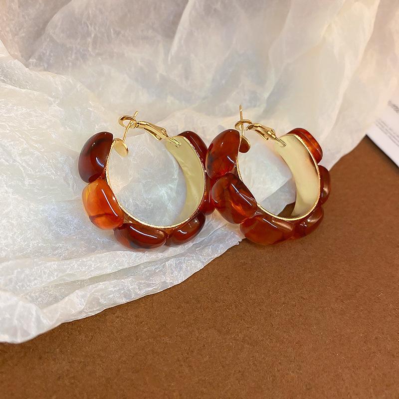 Autumn and Winter Retro Maillard Coffee Color Resin Tiger's Eye Earrings, Ear Buckles, Niche Earrings for Women