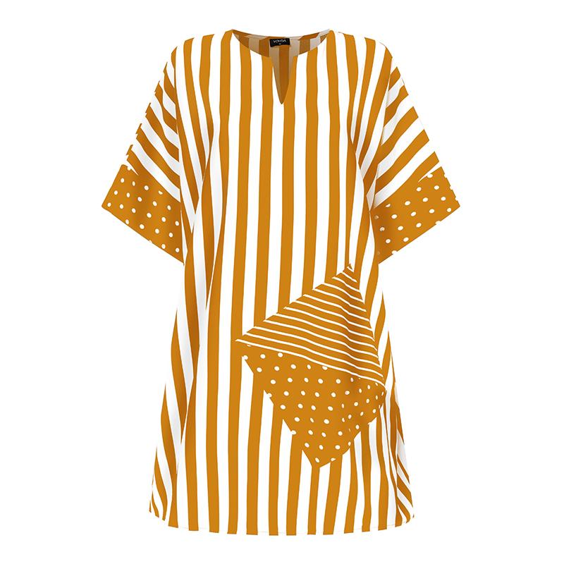 Women Plus Size Round Neck Striped Print Short Sleeve Dresses