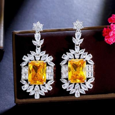 Brincos de Cobre com Zircônia Incrustada de Indústria Pesada Brincos Pingente Retângulo Topázio de Alta Qualidade Diamante Amarelo Ace