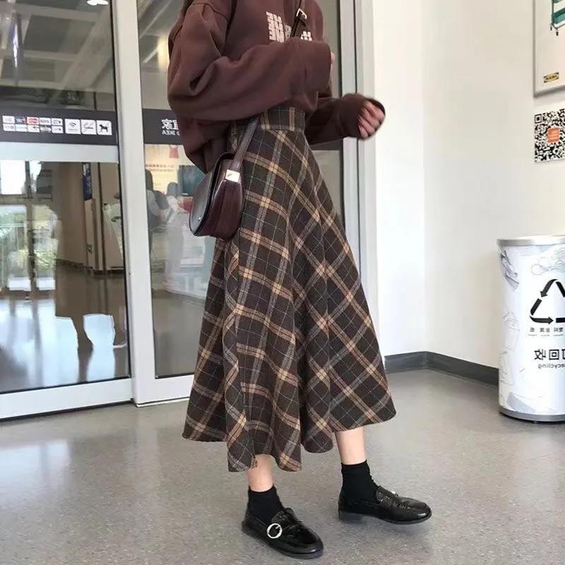 Vlněná kostkovaná sukně Dámská Podzim a Zima Nový styl Volný Retro Britský styl Středně dlouhá taška s vysokým pasem Dlouhá sukně do A